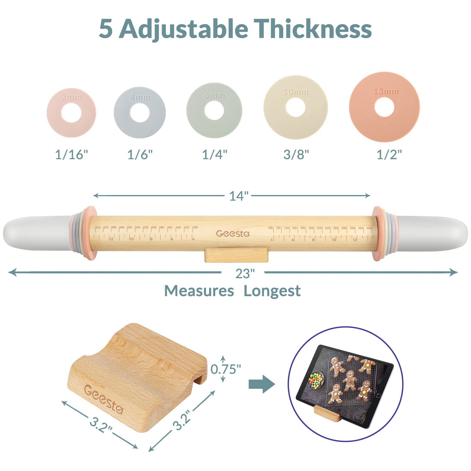 Geesta Adjustable Wood Rolling Pin with 5 Thickness Rings, Dough Roller, Measurement Guide for Baking, Model GETA057