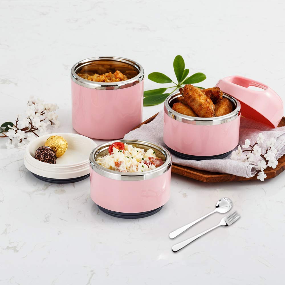 Lille Home Stackable Stainless Steel Thermal Lunch/Snack Box, 3-Tier Insulated Bento Box With Portable Cutlery Set, 43Oz, Pink