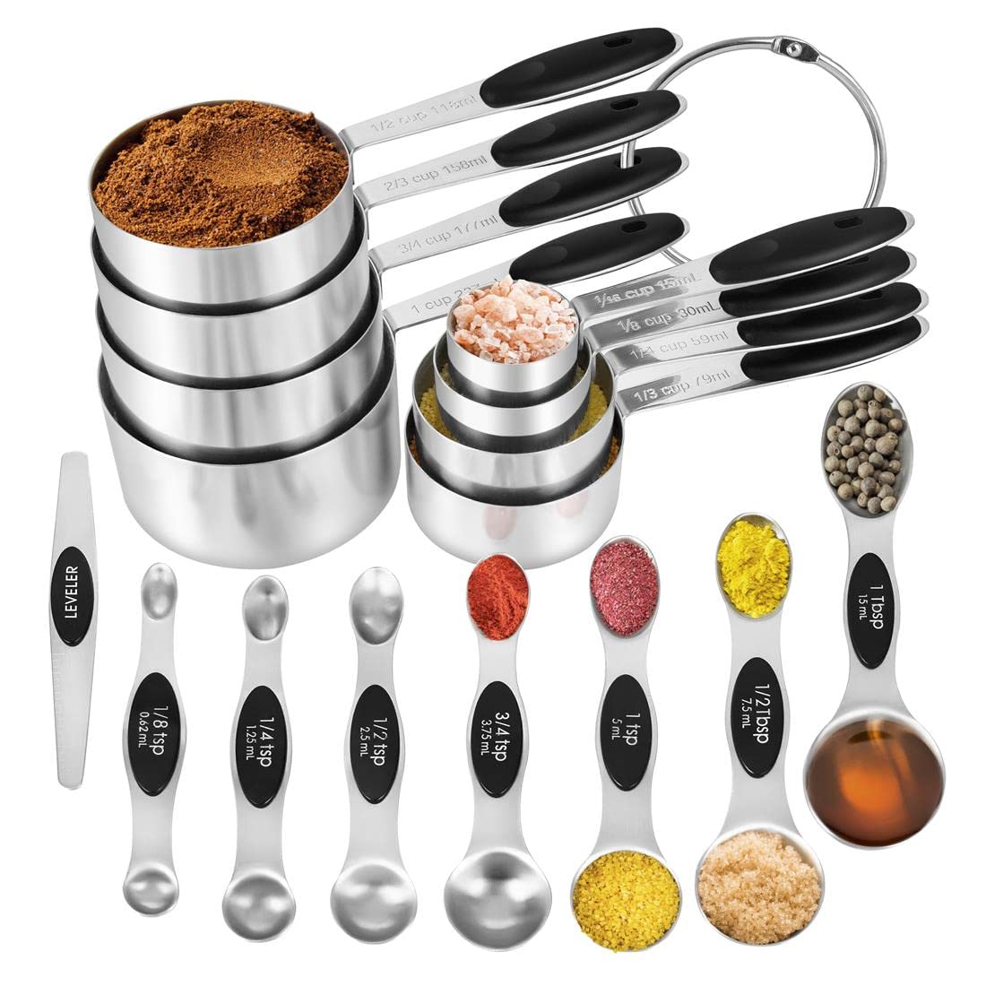 Kelofko 16 Pieces Measuring Cups And Magnetic Measuring Spoons Set Stainless Steel,8 Measure Cups With Silicone Handle And 7 Dou