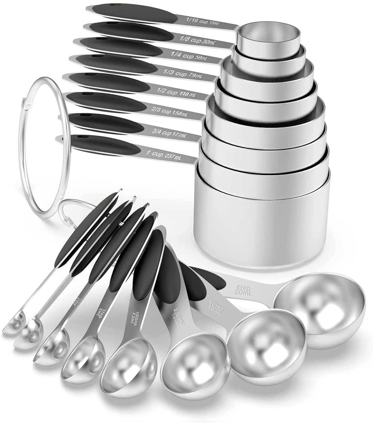 Measuring Cups & Spoons Set Of 16, Wildone Stainless Steel Measuring Cups And Measuring Spoons With Black Silicone Handle, Inclu