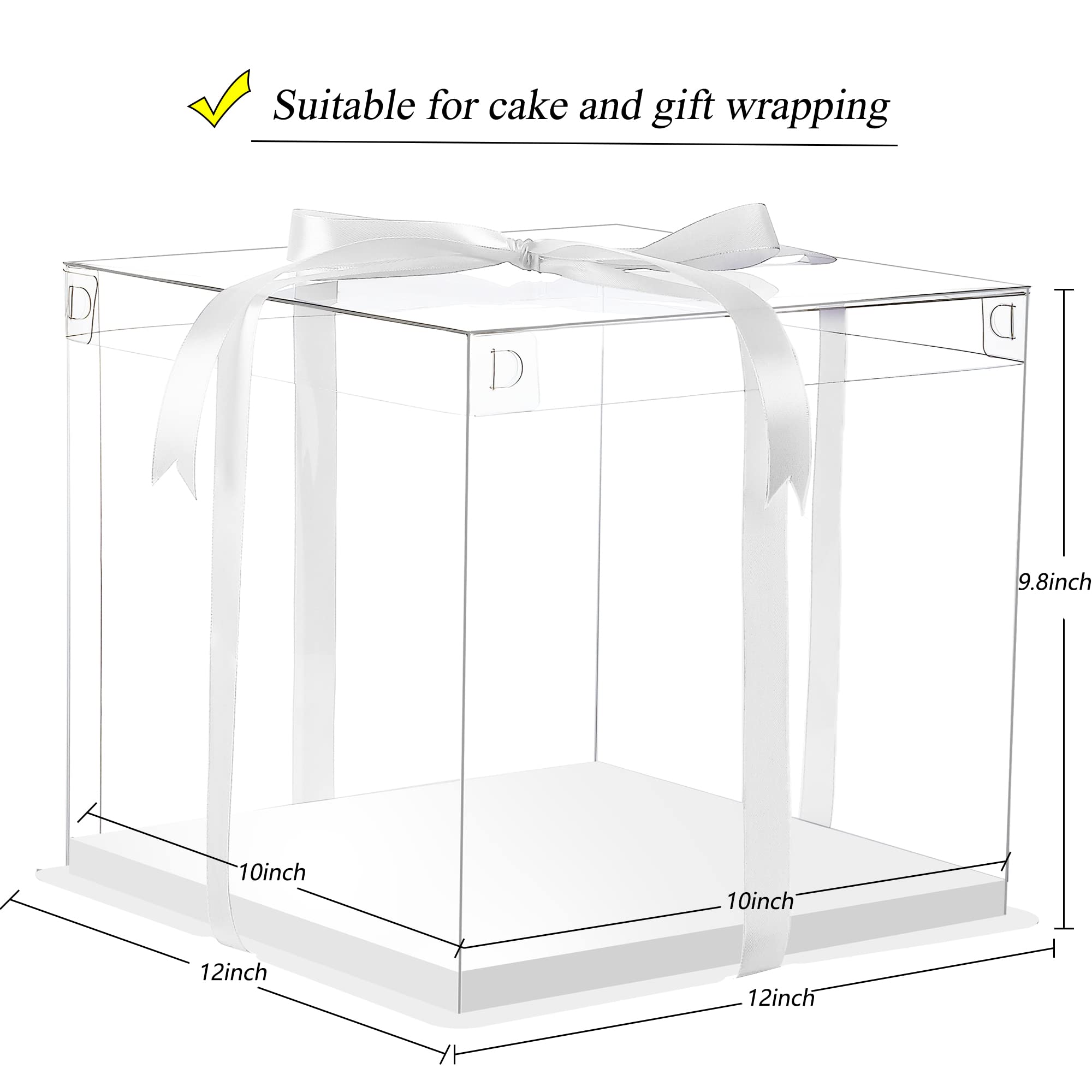 XININSUN 6Pcs Tall Cake Boxes Clear cake Box with Ribbon  12x12x 10inch Ideal for Large 10'' and 12'' Inch Tall Layer Tiered Cakes and Clear Gift Boxes for Wedding Party and Gift Display - White