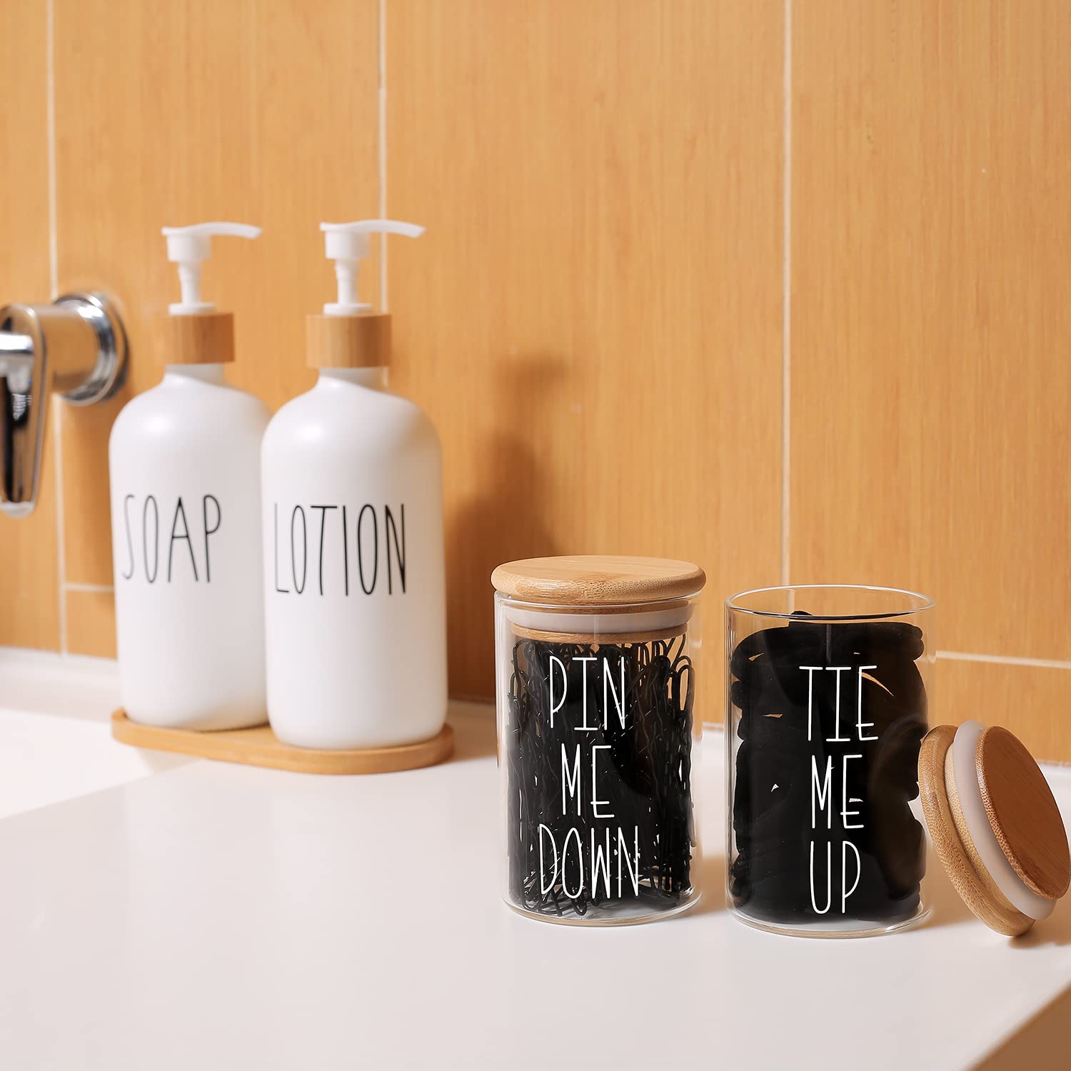 MOMEEMO Apothecary Jars with Lids Storage Organizer  Hair Tie Organizer & Bobby Pin Holder are Great for Bamboo Bathroom Accessories  Decor Farmhouse Style. (Hair Ties & Pins)