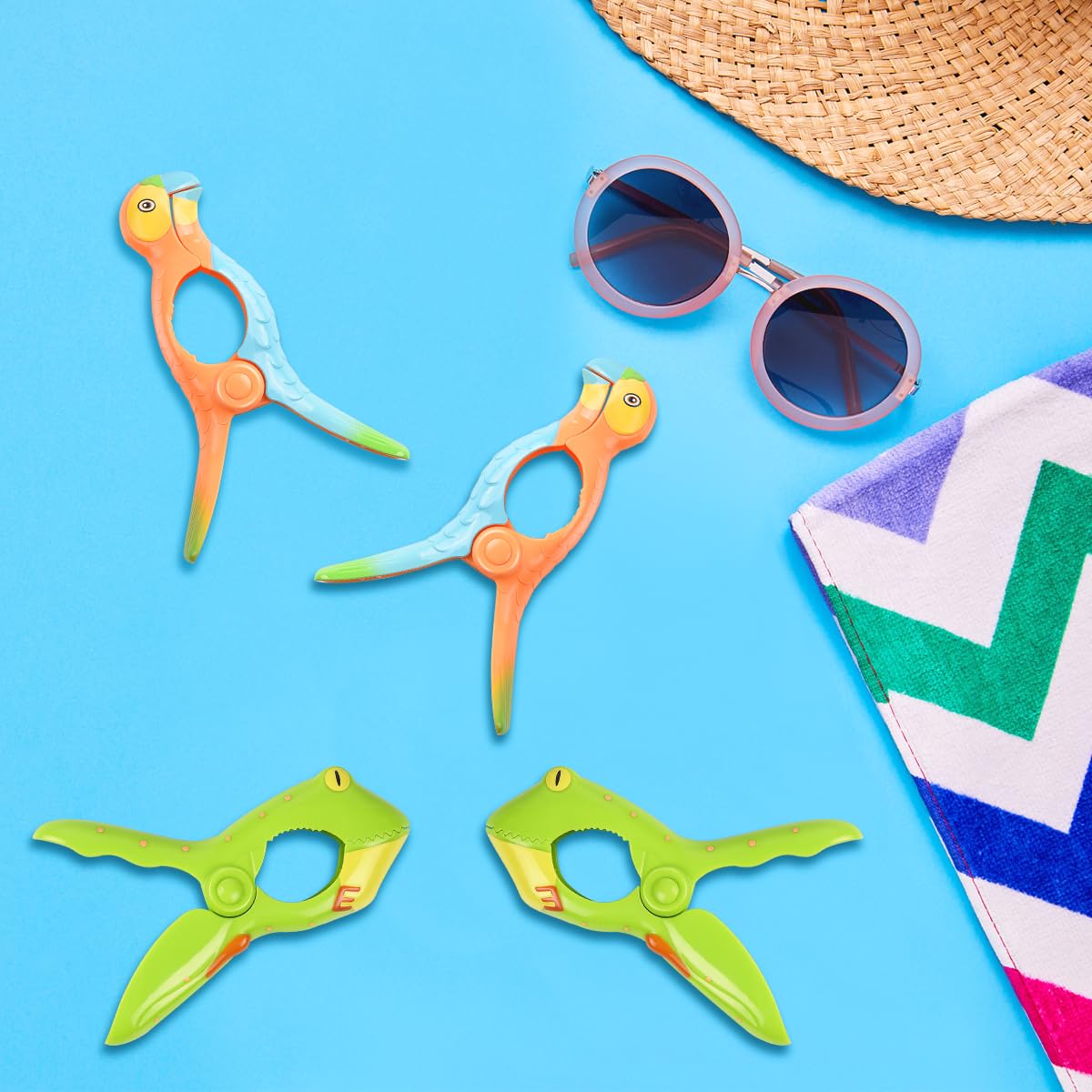 Beach Towel Clips, Sopito Jumbo Size Towel Clips For Beach Chairs Cruise Patio And Pool Accessories, Set Of 4 (Green Orange Frog