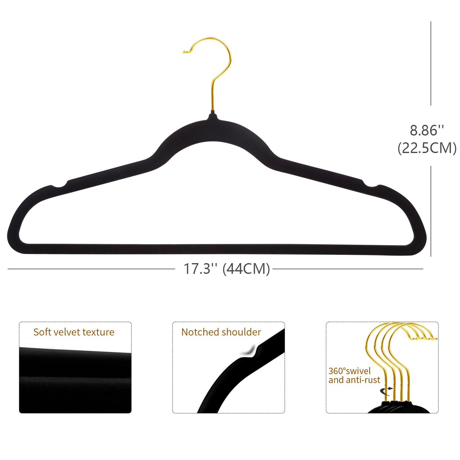 ManGotree Velvet Suit Hangers with 360 Swivel Gold Hook  Non-Slip Coat Hangers  Ultra-Slim Space Saving Hangers  Sturdy & Durable Clothes Hangers  36 Pack (Black)