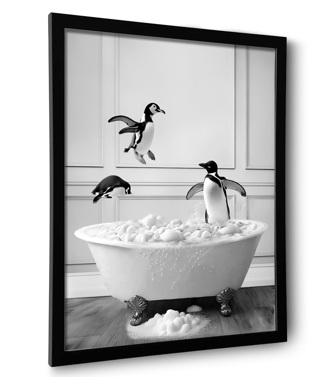 Framed Bathroom Decor Wall Art, Black And White Bathroom Decor, Funny Bathroom Wall Art Animal Penguin In Bathtub, Cute Animal W