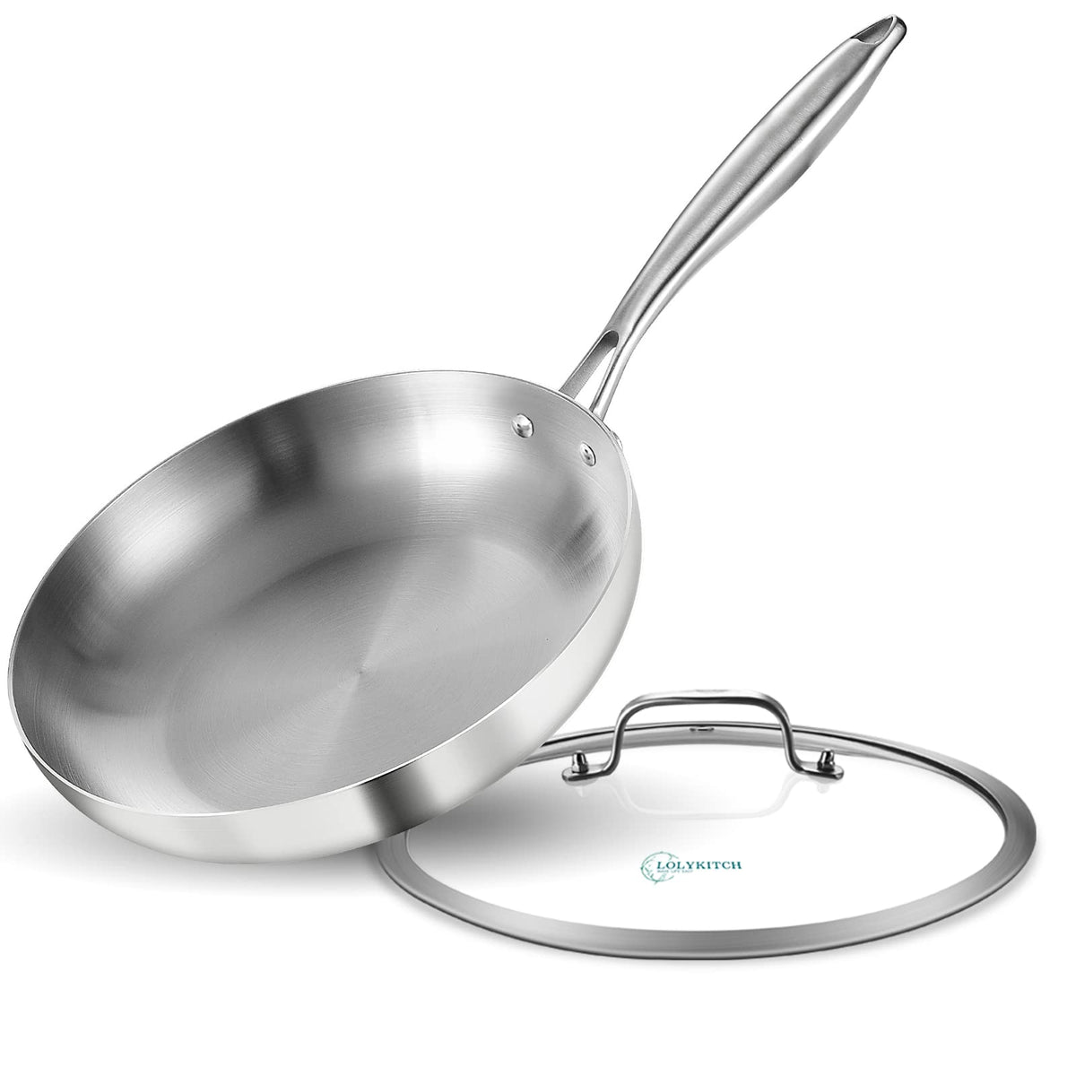Lolykitch 9.5 Inch Tri-Ply Stainless Steel Frying Pan With Lid,Skillet,Induction Cooking Pan,Dishwasher And Oven Safe,Riveted Ha