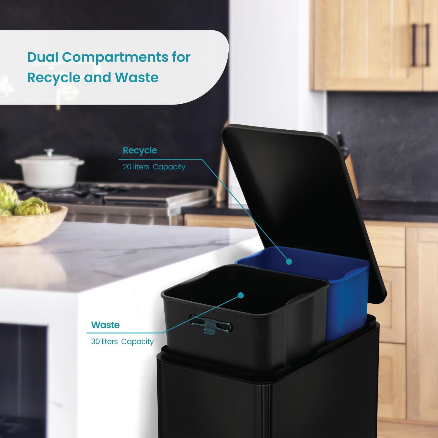 Home Zone Living 13 Gallon Kitchen Trash Can, Dual Removable Liners For Recycling And Trash, 50 Liter Slim Stainless Steel Shape