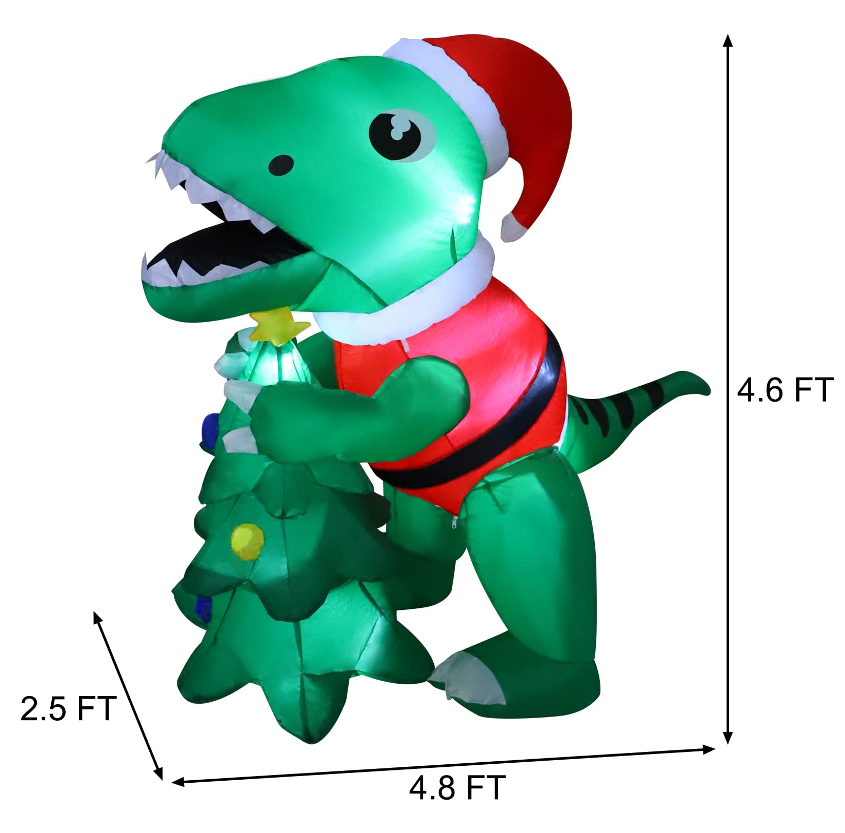 MorTime 5 FT Christmas Inflatable Dinosaur with Gift Box, Blow up Yard Prop Lighted Animated Green Dinosaur Wearing Christmas Ha