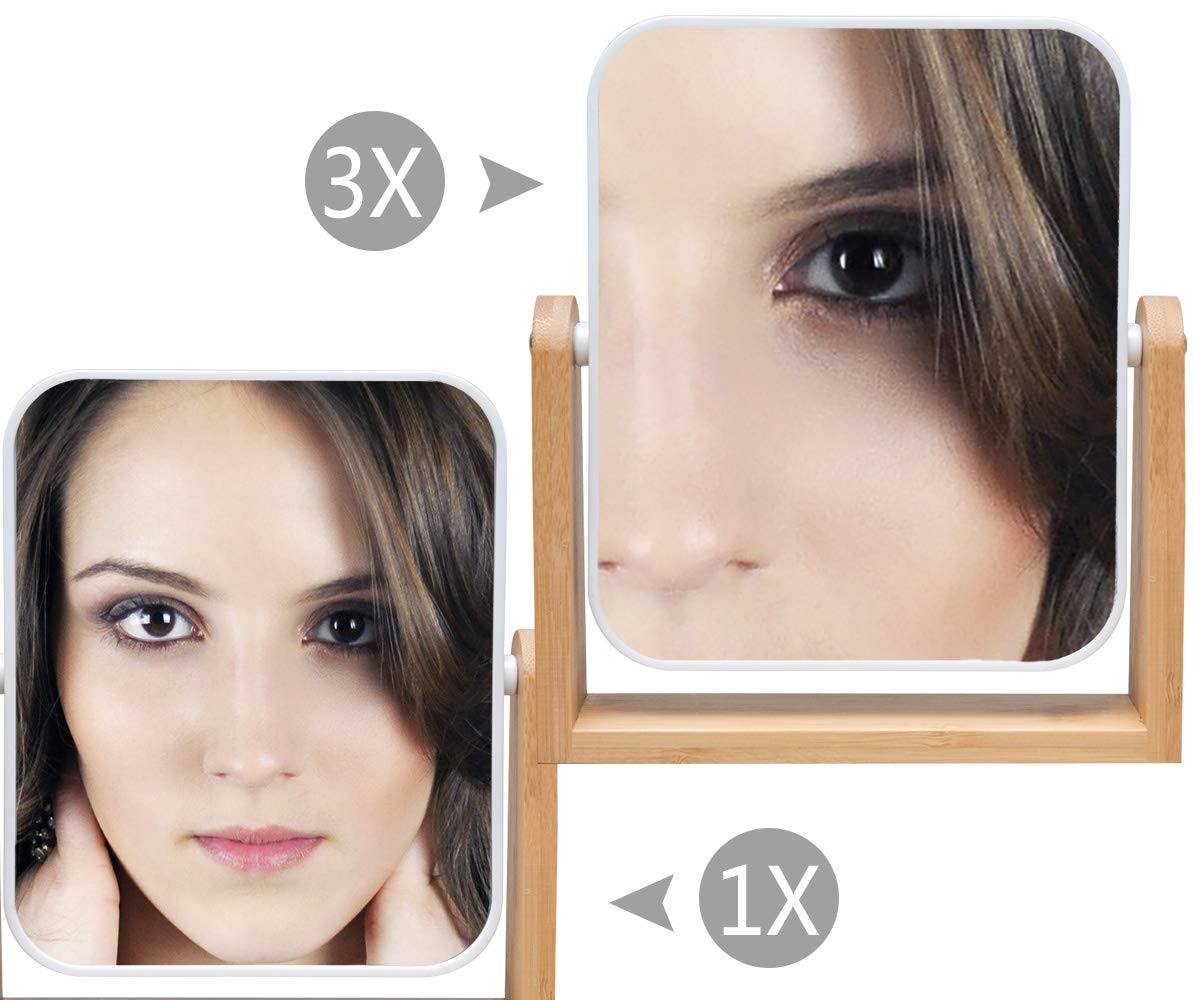 Yeake Vanity Makeup Mirror With Natural Bamboo Stand,8 Inch 1X/3X Magnification Double Sided 360 Degree Swivel Magnifying Mirror