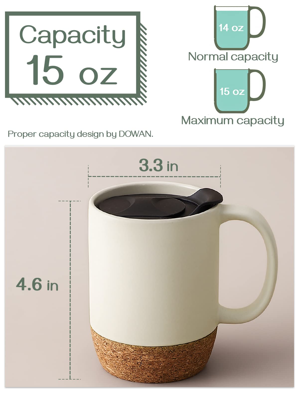 DOWAN Coffee Mugs Set of 2, 15 OZ Ceramic Mug with Cork Bottom and Lid, Large Coffee Mug with Handle, Coffee Mug Ceramic Set,Gif