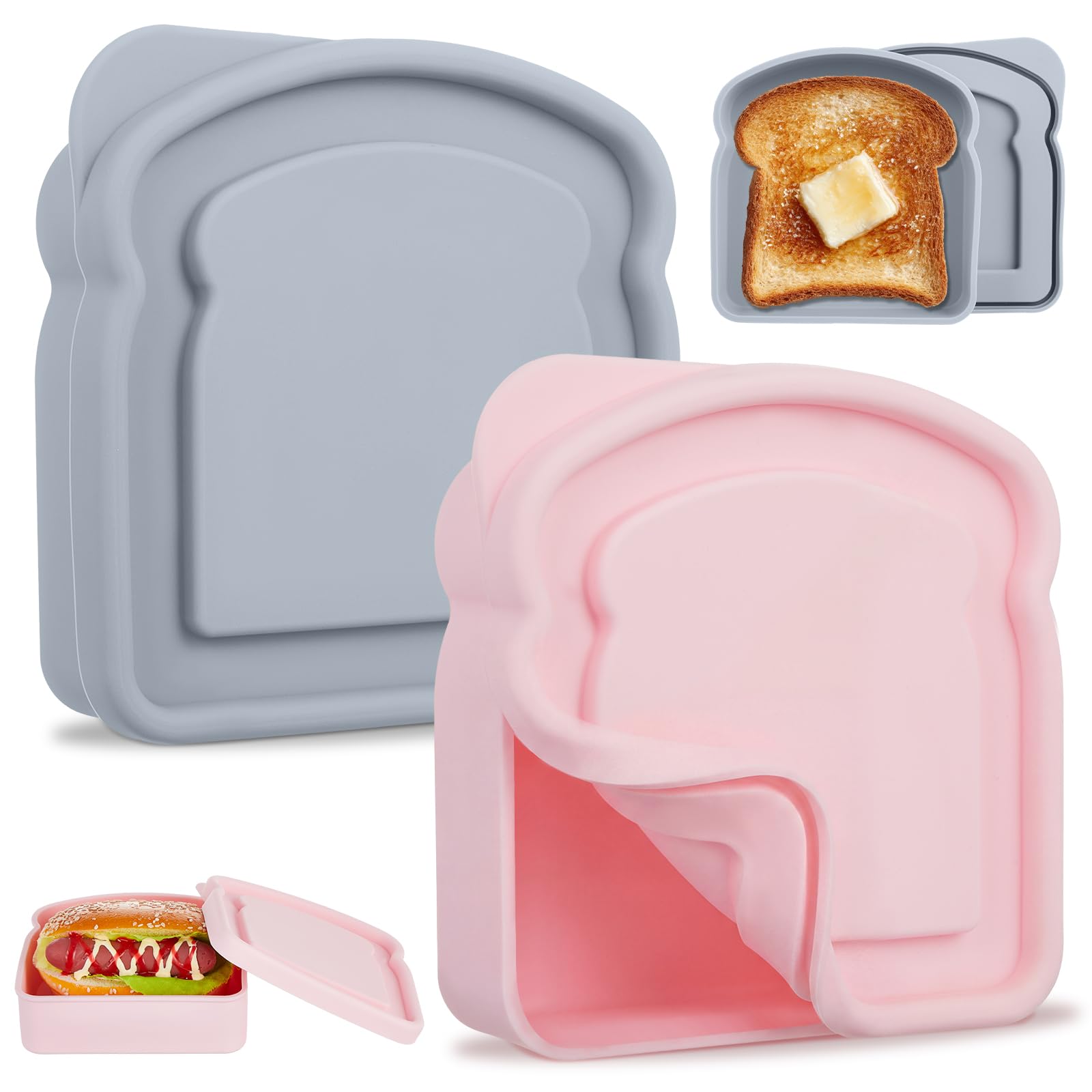 Willinglong 2 Pcs Silicone Sandwich Containers Reusable, Blue and Pink