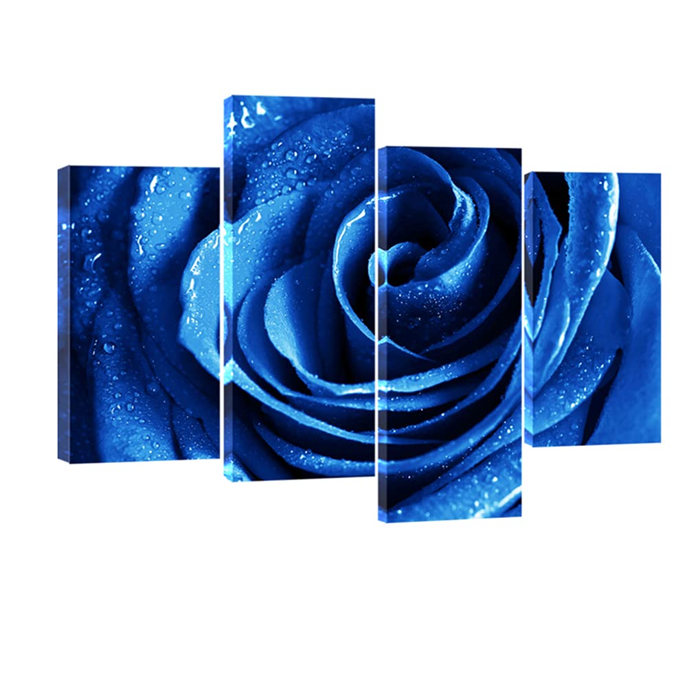 Wieco Art Blue Rose With Dew Canvas Wall Art Abstract Romantic Flower Pictures Paintings Wall Art For Living Room Bedroom Decora