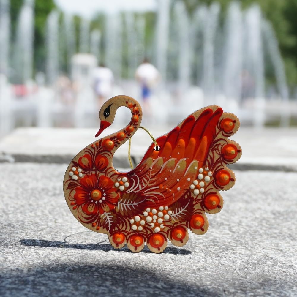 Tree Ornament Swan Wooden Handcrafted Petrykivka Painting Ukrainian Christmas Decoration 3.5 x 3.5 x 0.2