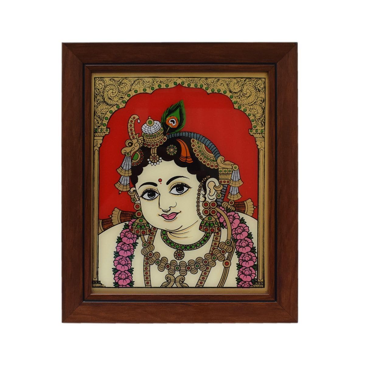 Tarang Arts Krishna Tanjore Reverse Glass Painting With Fiber Frame, Handmade Traditional Wall Art For Home Decor, Office, Puja,
