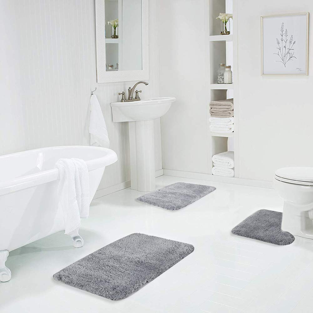 Walensee Shaggy 2 Piece Bath Rug Sets (Grey) 20 X 24 Non Slip, U Shape Contour Rug & 20 X 32, Machine Wash/Dry Plush Absorbent B