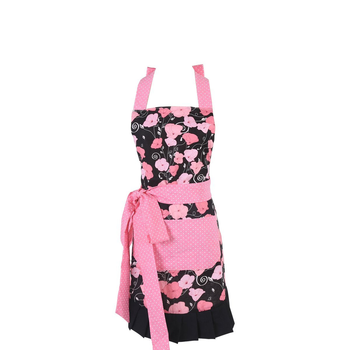 Womens Cotton Floral Apron with Pockets, Adjustable Long Ties for Kitchen Cooking, Baking and Gardening,Pink