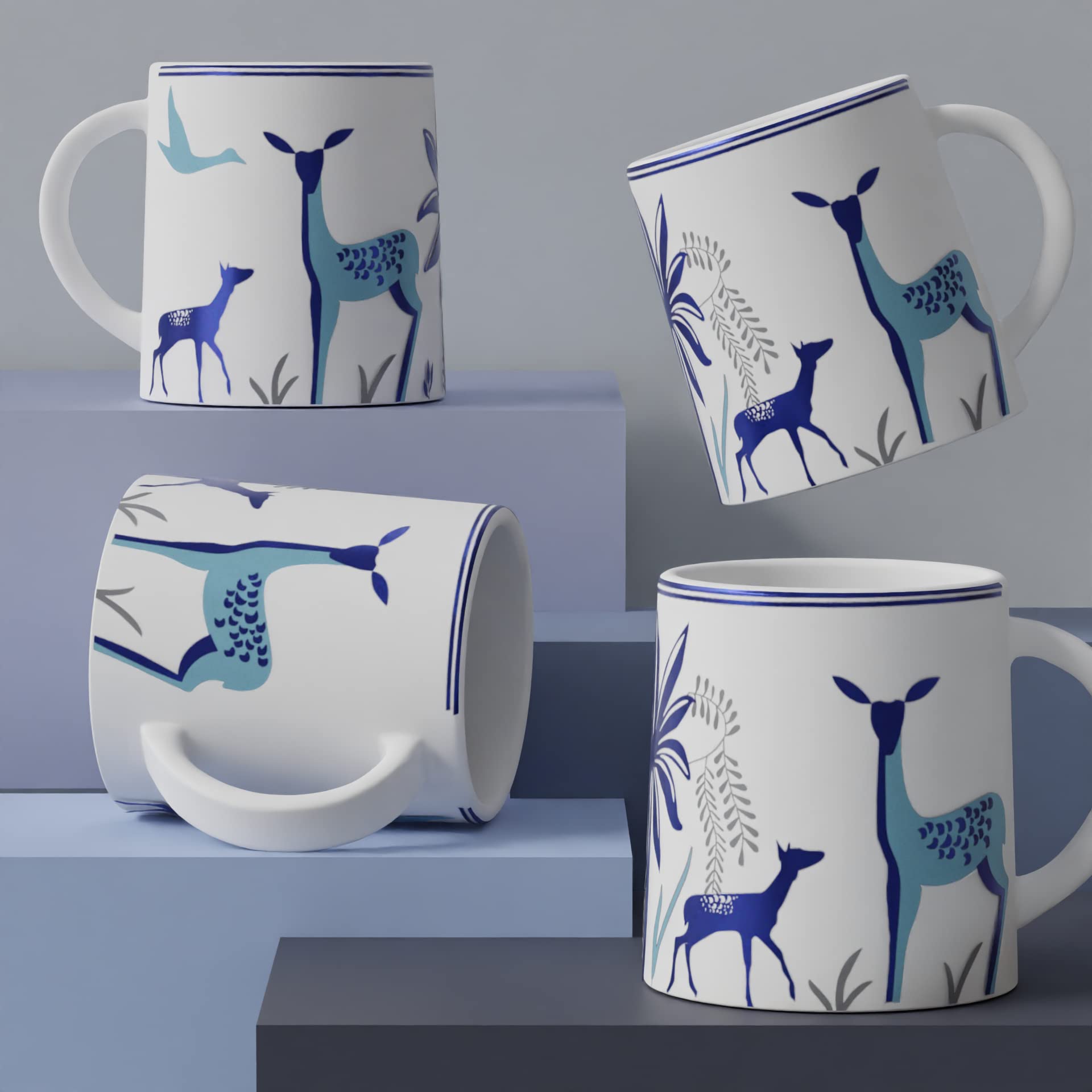 The Earth Store Stag Blue Coffee Mug Set Of 4 To Gift To Best Friends, Coffee Mugs, Microwave Safe Ceramic Mugs,(300 Ml Each)
