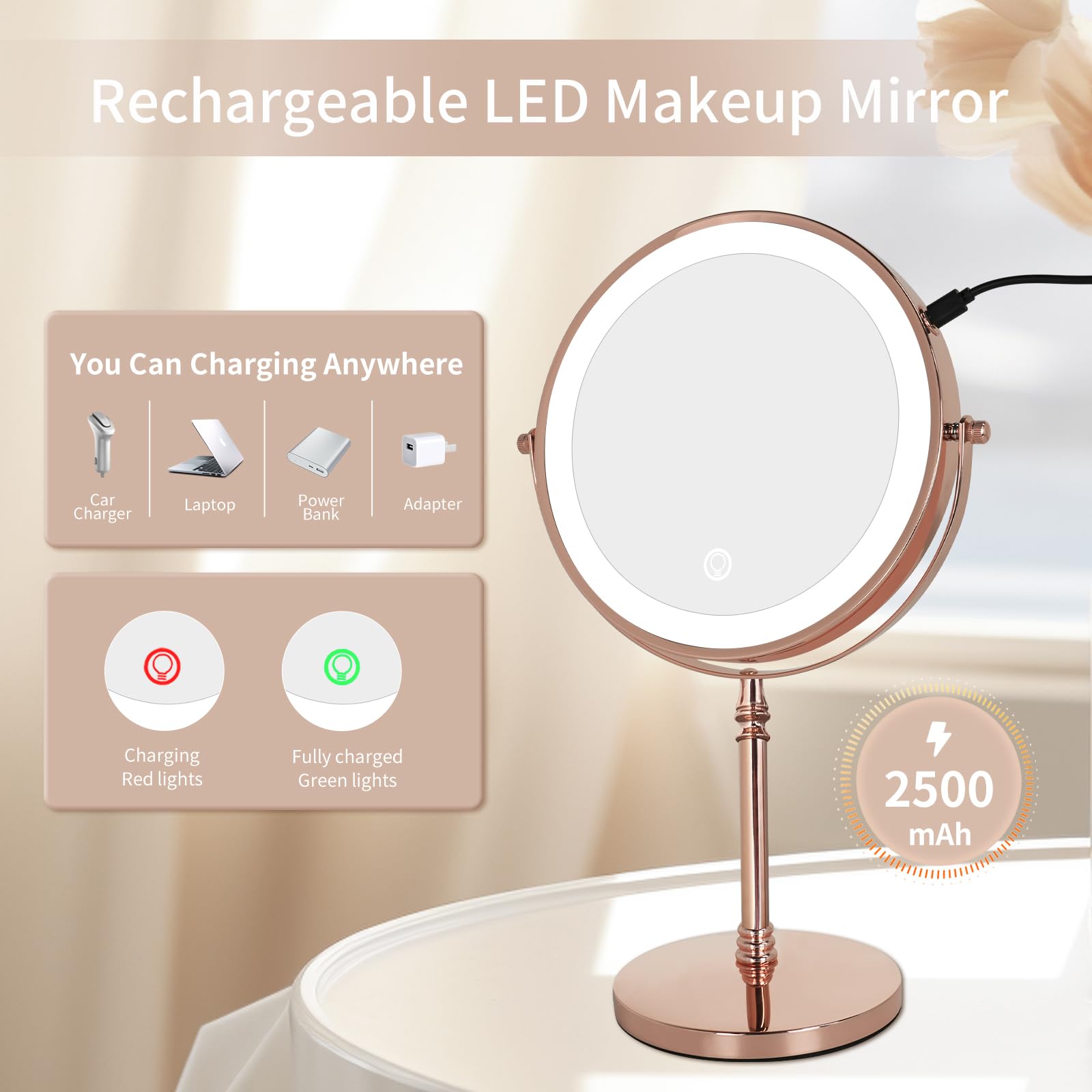 Nicesail 1X/10X Magnifying Mirror With 3 Color Dimmable Lighting, Makeup Mirrors Light Up And Magnified With 360 Rotation For Ta