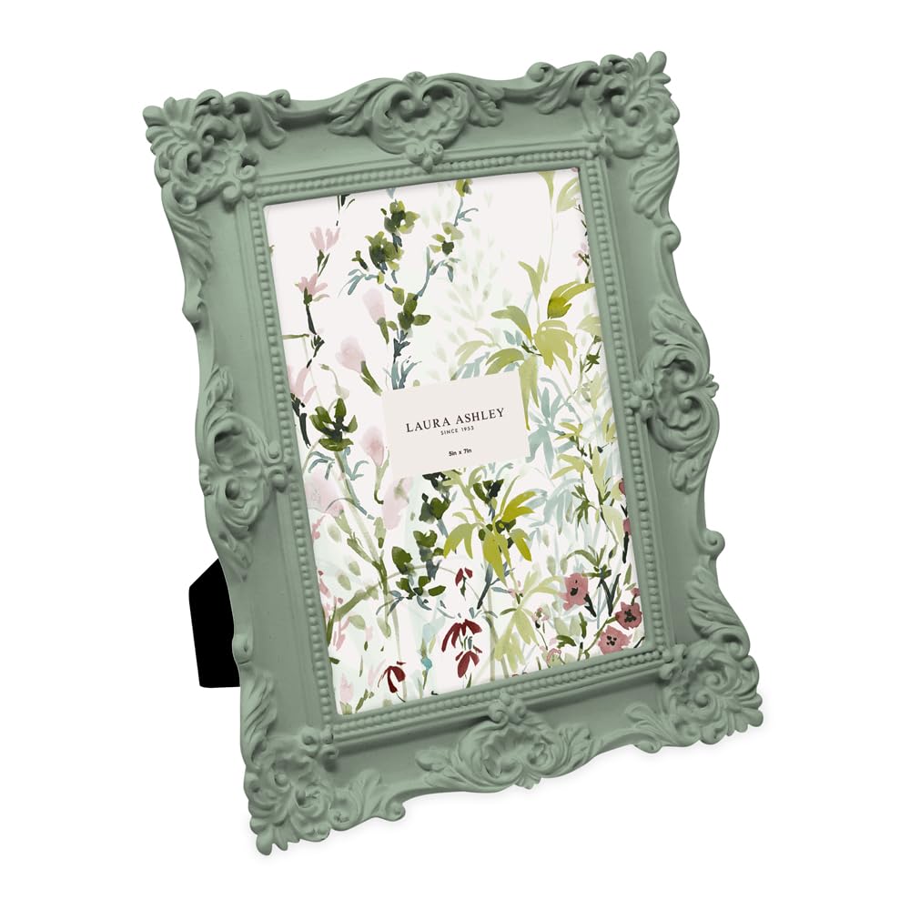 Laura Ashley 5x7 Matt Rosemary Ornate Textured Hand-Crafted Resin Picture Frame with Easel, for Tabletop & Wall Display, Decorat