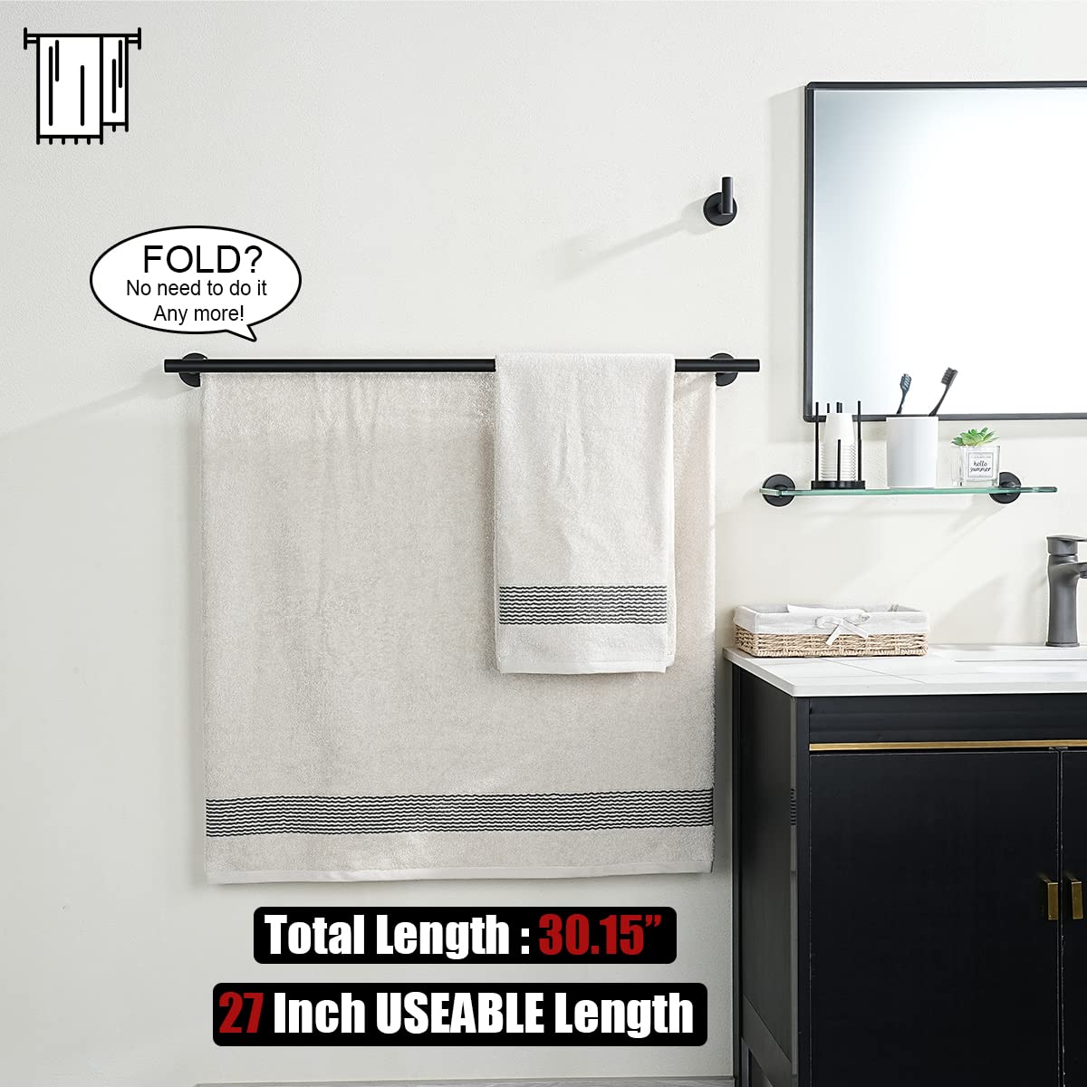 Jqk Double Bath Towel Bar, Matte Black 27 Inch 304 Stainless Steel Thicken 0.8Mm Towel Rack For Bathroom, Towel Holder Wall Moun