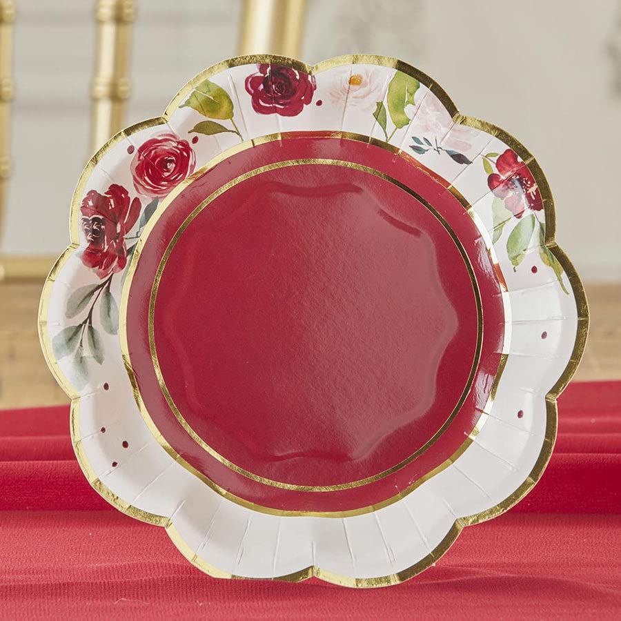Kate Aspen 32 Pcs Burgundy Blush Floral Paper Plates, 7 Inch Heavy Duty Disposable Party Plates, Party Supplies Tableware For Bi