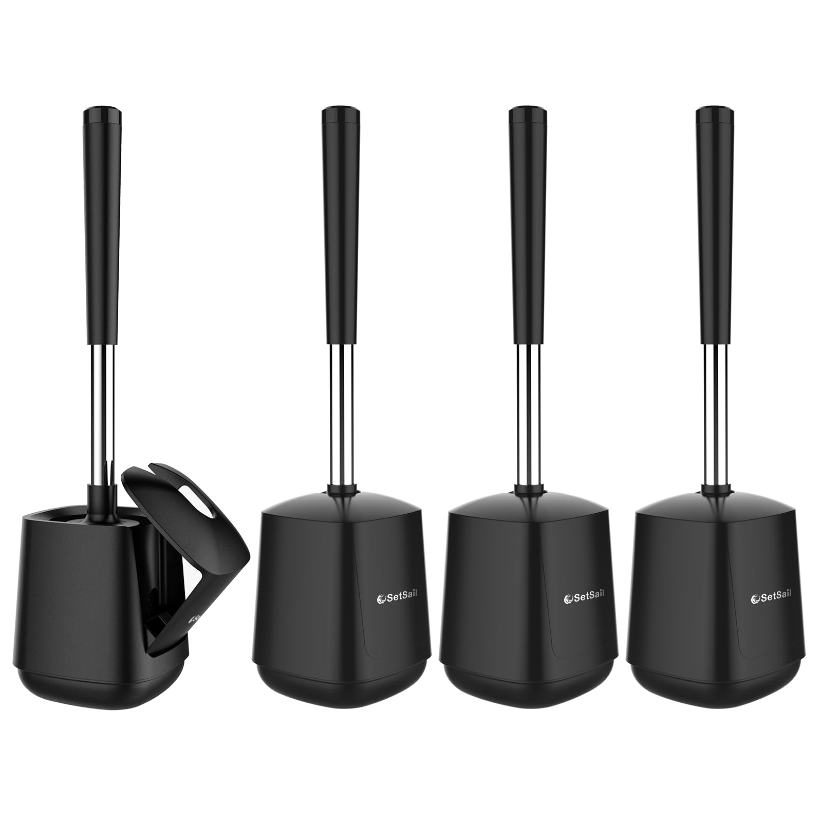 SetSail Toilet Brush and Holder 4 Pack, Self Closing Lid Toilet Bowl Brushes Holder Extra Long Handle Ventilated Toilet Brush Se