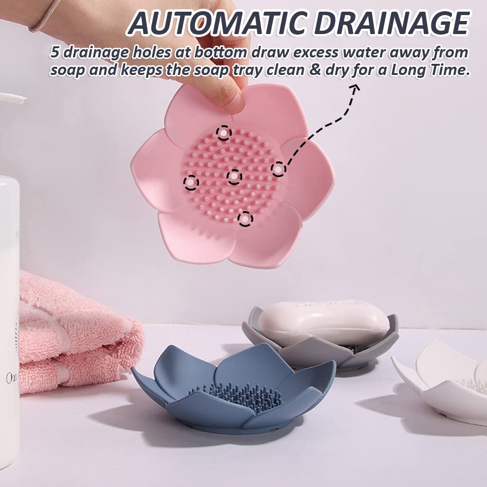 Soap Dishes With Draining, Bathroom Bar Soap Holder For Shower, Soap Tray For Kitchen Sink, Silicone Flower Shape Soap Saver For