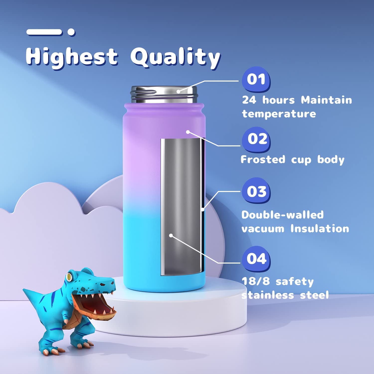 16oz Water Bottles with Straw and Stickers, Stainless Steel Vacuum Double Wall Insulated cup, Kids Water Bottle for School, Gift