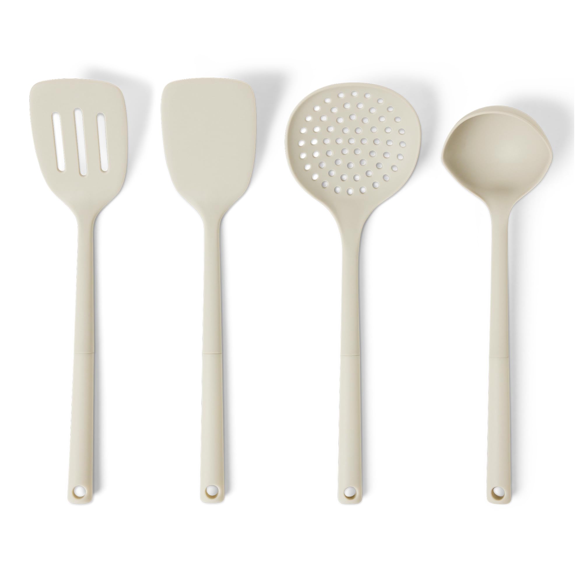 Amazon Basics Silicone Cooking Spoon, Ladle and Spatula Set, 4Piece, Slotted, Soft Grip Handle, BPAFree, DishwasherSafe, Line