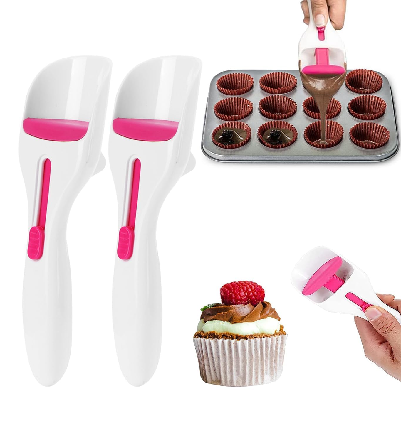 2Pcs Cupcake Batter Scoop, Pancake Batter Dispenser, Cupcake Scoop Cake Batter Dispensing Spoon, One Touch Slide Button Cake Pas