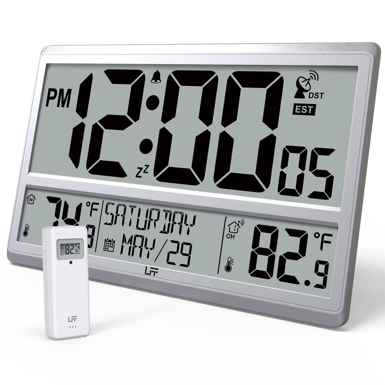 LFF Atomic Clock 4.5 Numbers, Atomic Wall Clock with Indoor & Outdoor Temperature,Never Needs Setting, Battery Operated, Date, T