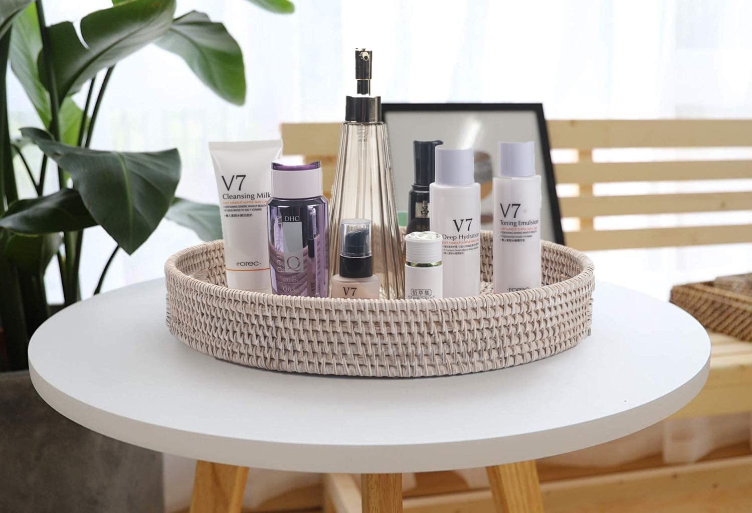 14.2 Inch Round Rattan Tray, Ottoman Tray, Woven Serving Tray With Cut - Out Handles, Wicker Serving Basket, Whitewash