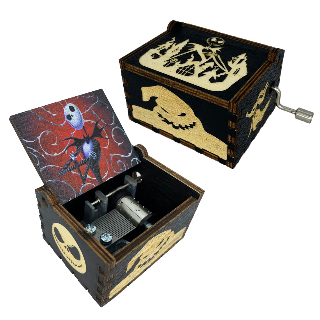 Hand Crank Music Box The Nightmare Before Christmas Laser Engraved Wood Musical Box Jack Skellington Gift for Christmas,Birthday