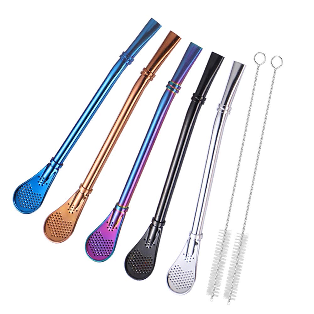 Yerba Mate Bombilla Stainless Steel Straw Loose Leaf Tea Infuser Dringking Spoons Filter Stirring Straws Pack Of 5 With 2 Cleani