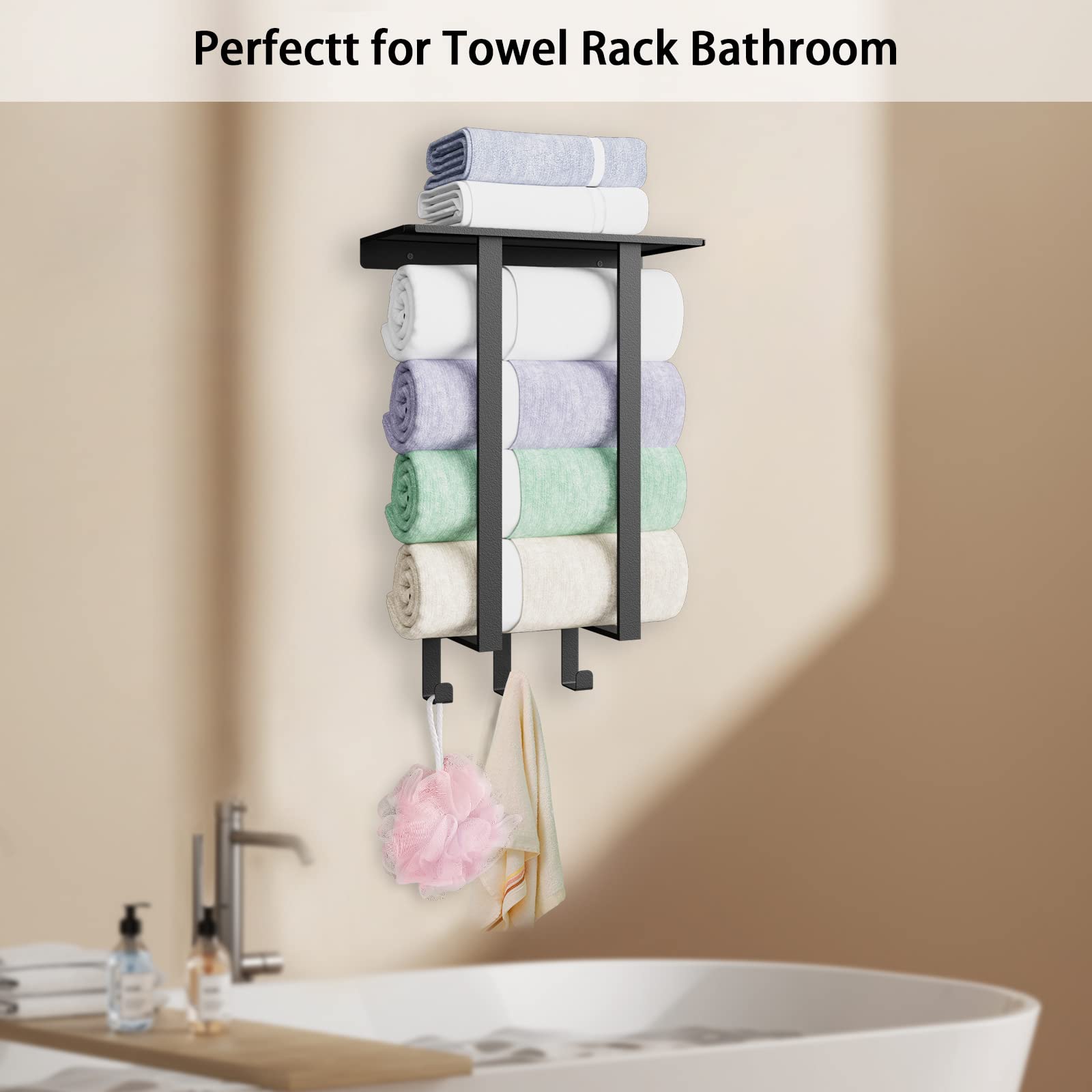 Bethom Towel Racks For Bathroom, Towel Rack With Shelf & 3 Hooks, Towel Storage Holders Wall For Rolled Bath Towels, Black