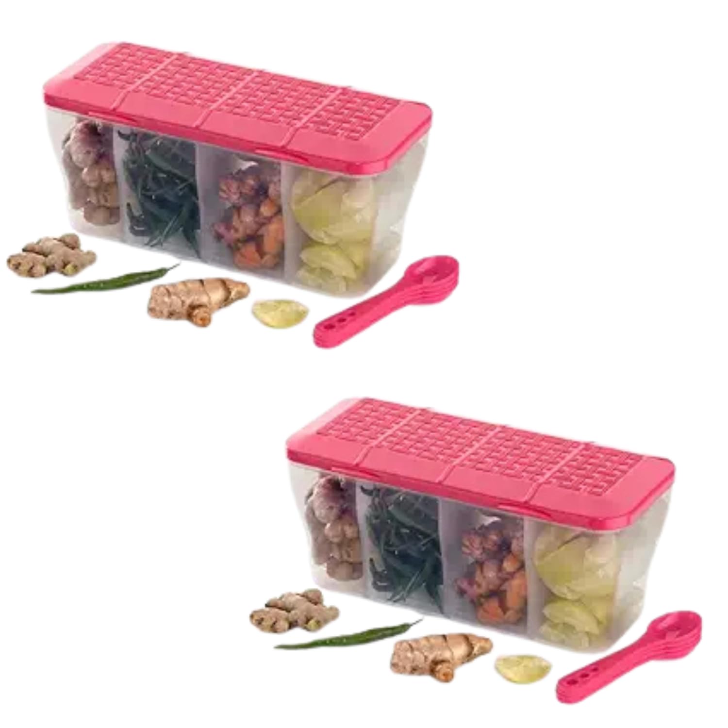 4 Section Spice Box Container with 4 Spoons Airtight Clear Masala Storage Box for Kitchen MultiPurpose Seasoning Organizer for 