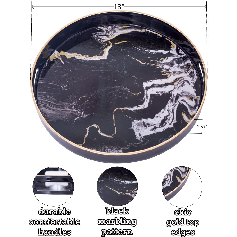 MAONAME 13'' Round Decorative Tray  Marbling Plastic Tray with Handles  Coffee Table Tray and Serving Tray for Ottoman  Kitchen  Bathroom  Black