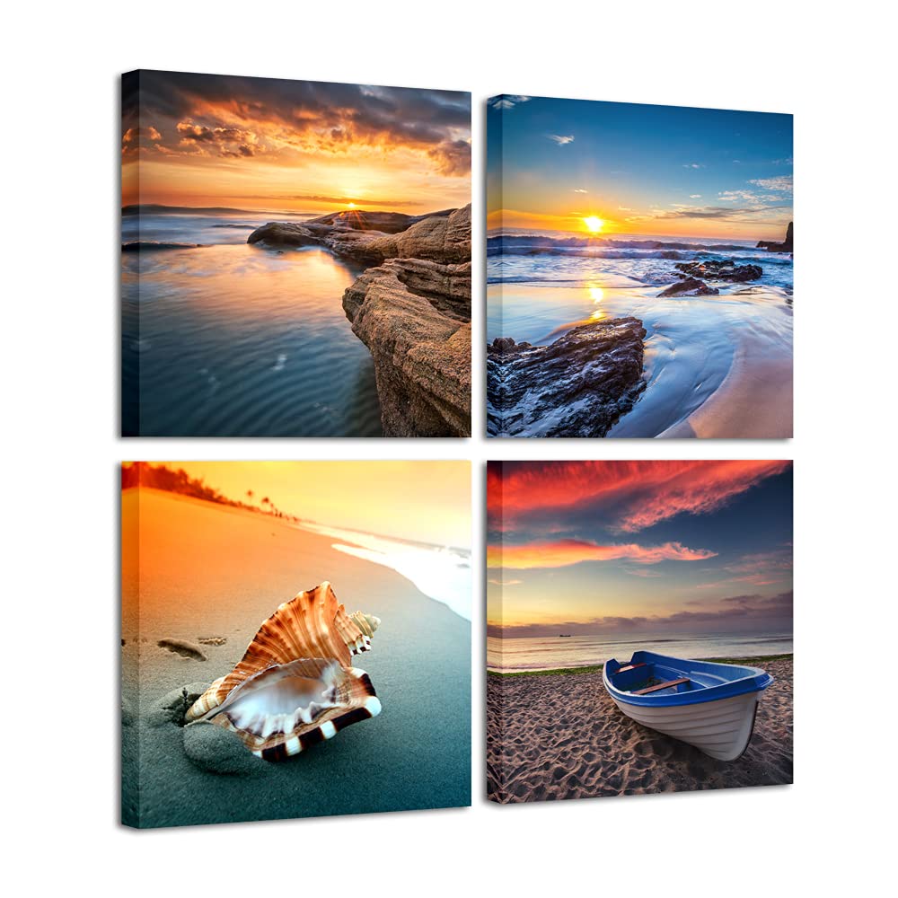 Pyradecor Sunset Sea Beach Modern Seascape Pictures Paintings on Canvas Wall Art 4 Panels Stretched Canvas Prints Artwork for Li