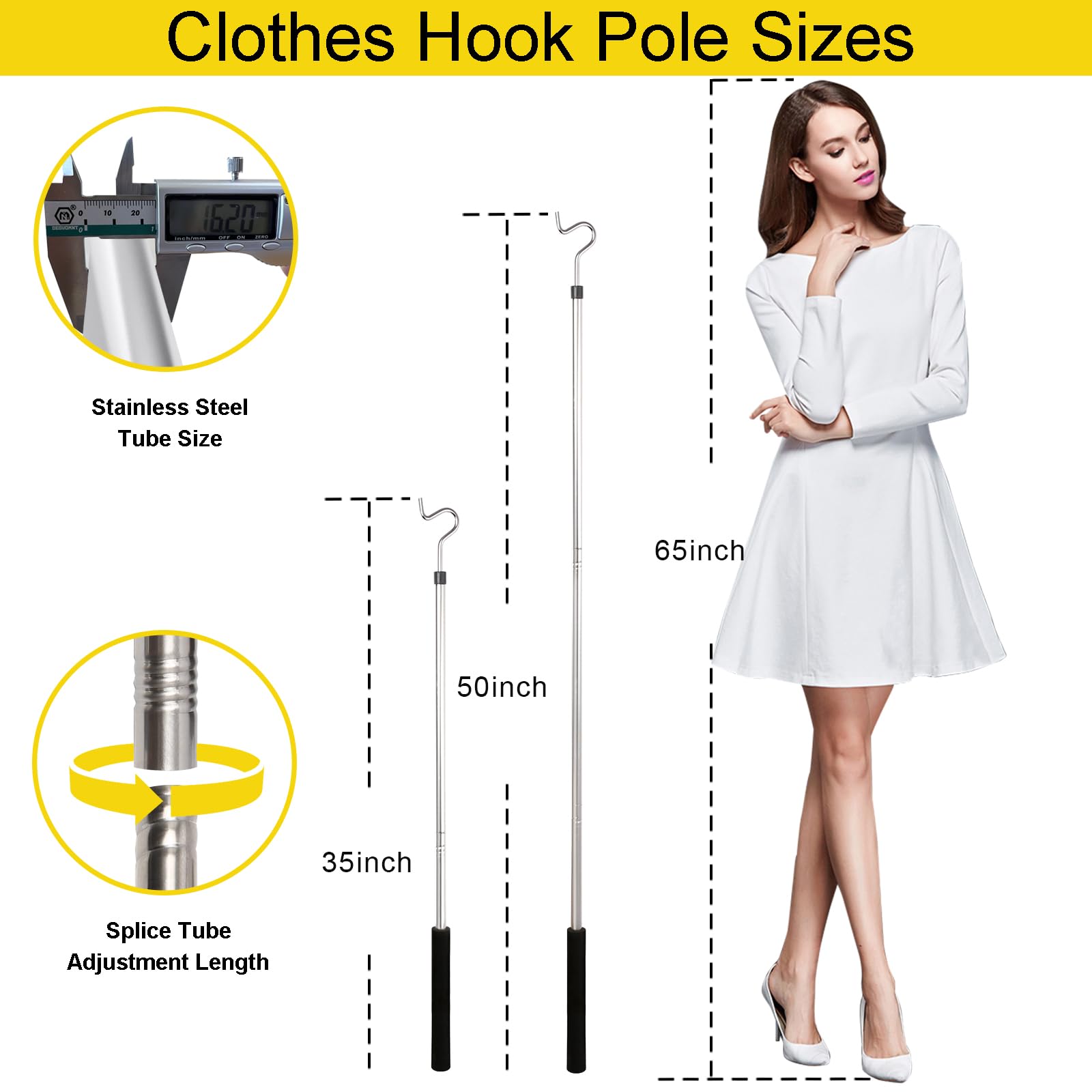 Greeily Clothes Hook Pole, High Reach Garment Hook For Hanging Clothes Light And Plants Extendable From 35'' To 50'' Made Of Sta