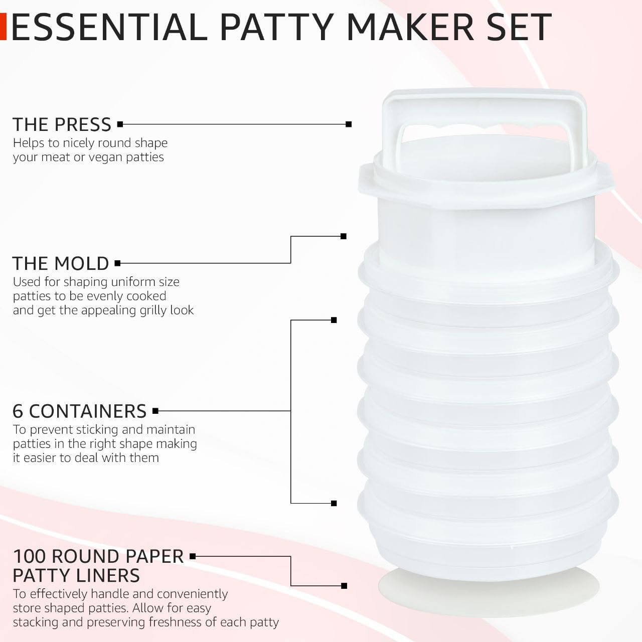Mission Gallery Hamburger Press - 4-in-1 Patty Maker with 4 Containers & 100 Papers - Transparent Burger Mold for BBQ