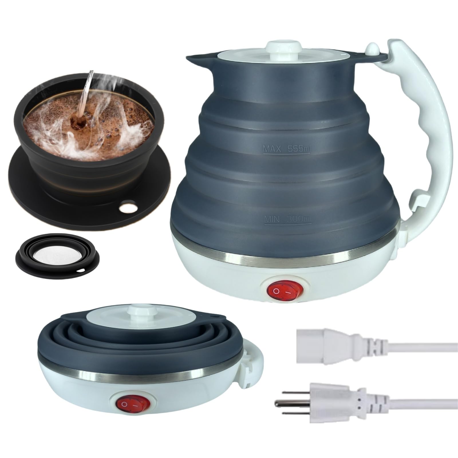DOFQQG Travel Electric Kettle Small, Collpasible Electric Kettle, Portable Tea Kettle + Paperless Collapsible Pour Over Coffee D