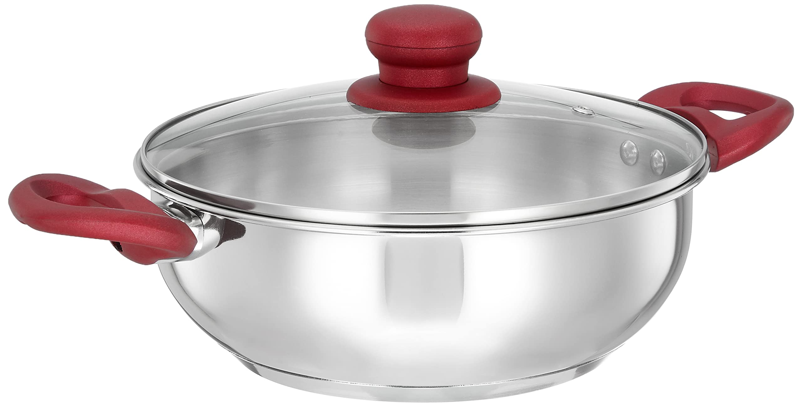 Amazon Brand - Solimo Stainless Steel Heavy Bottom Kadhai With Glass Lid |Three Layer Impact Forged Bottom|Durable|Soft Touch Ha