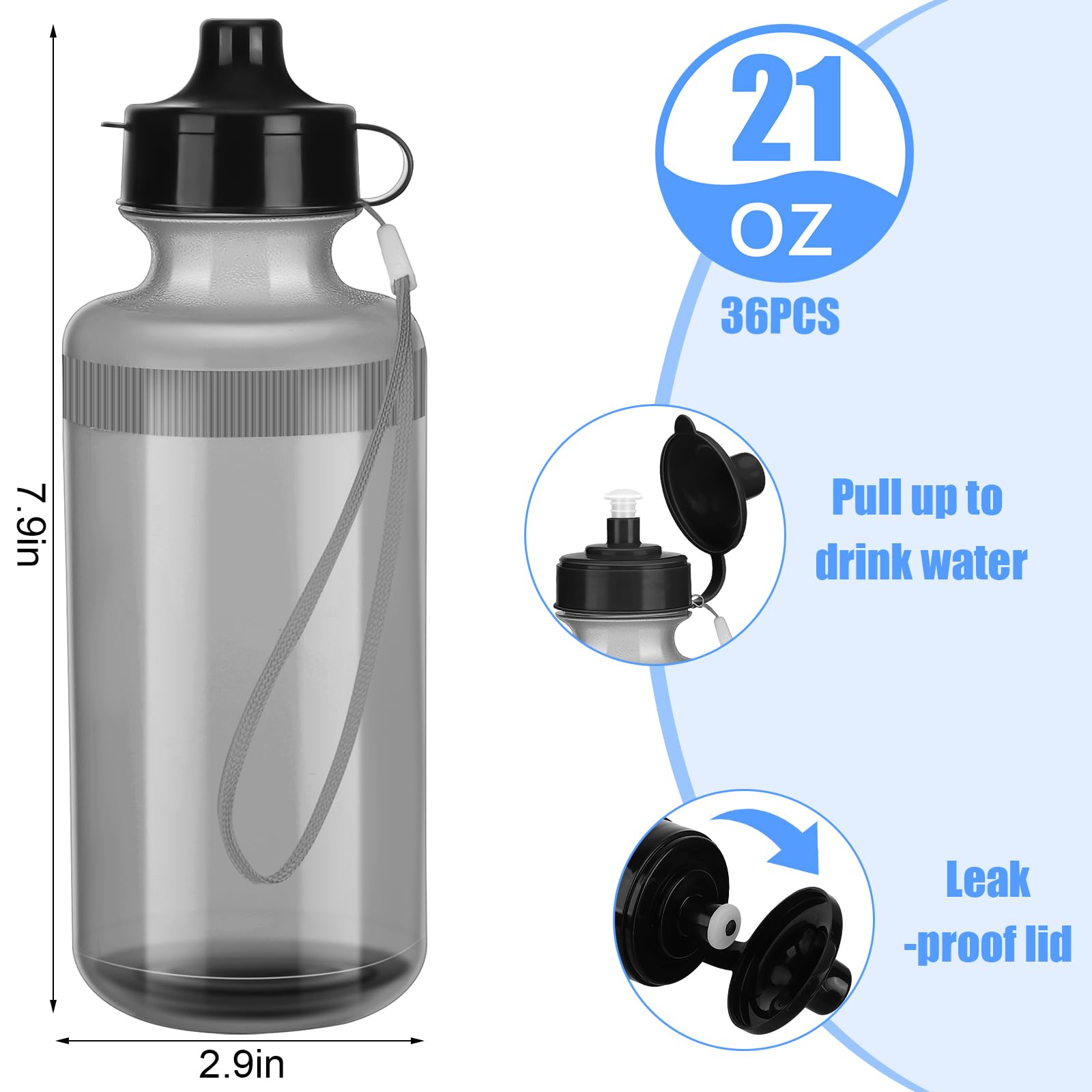 Zubebe 36 Pcs Sport Water Bottles Bulk 21 oz Squeeze Reusable Bpa-free Plastic Water Bottle with Nylon Strap Leak Proof Blank DI