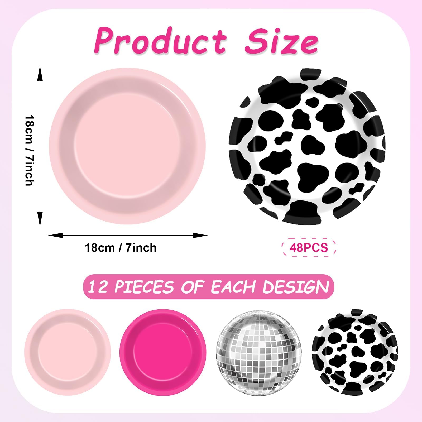 48Pcs Western Cowgirl Party Paper Plates For Cow Print Themed Party Supplies 7'' Hot Pink Disco Ball Disposable Dessert Plates F