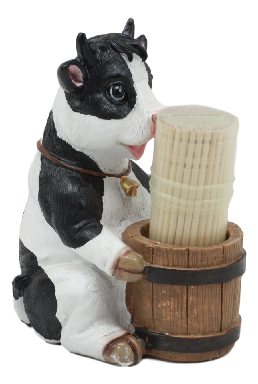 Ebros Country Farm Bovine Cow With Bell Collar Holding A Wooden Barrel Decorative Toothpick Holder Statue With Toothpicks 4''Tal