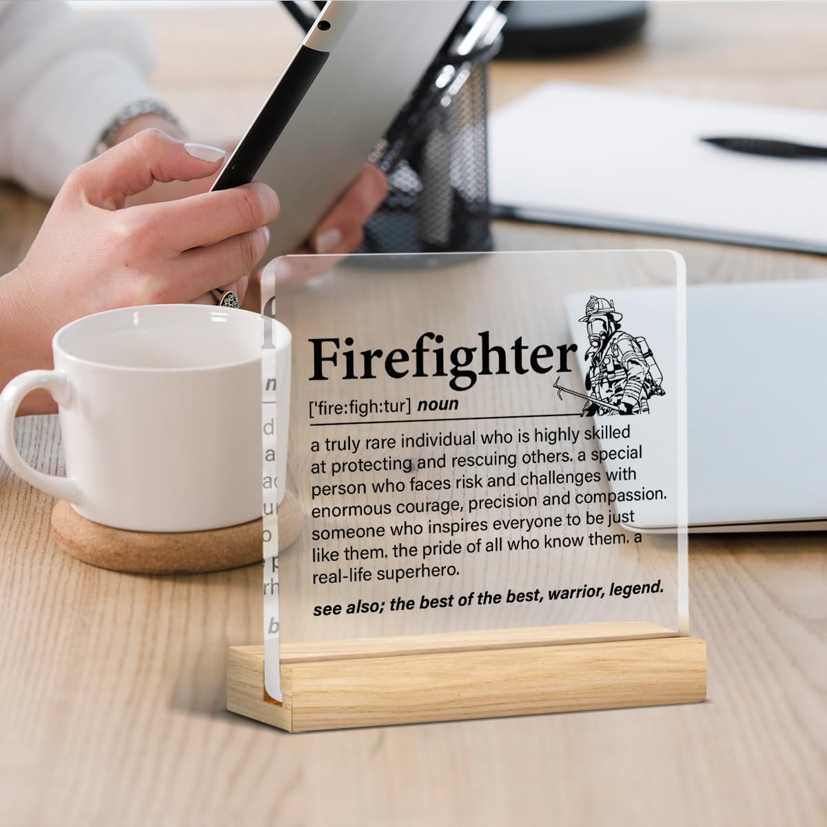 Firefighter Gifts for Women Men, Fireman Gifts, Firefighter Definition Clear Acrylic Desk Decorative Sign for Home Office, 4 x 4