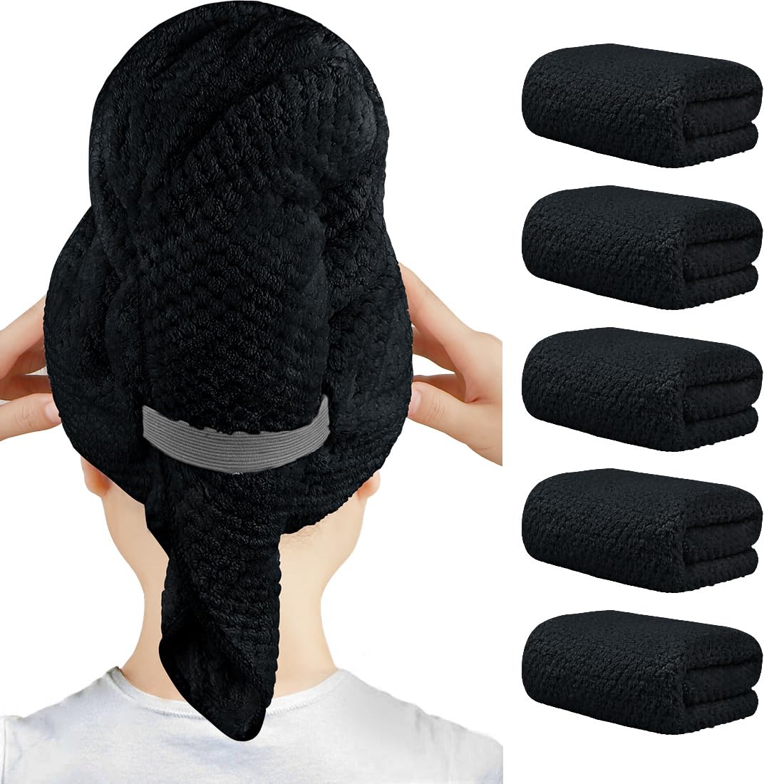 HOMEXCEL Black Microfiber Hair Towels 5 Pack, 40 x 20 Inches Black Salon Towels, Super Soft and Absorbent Hair Towel for Salon,