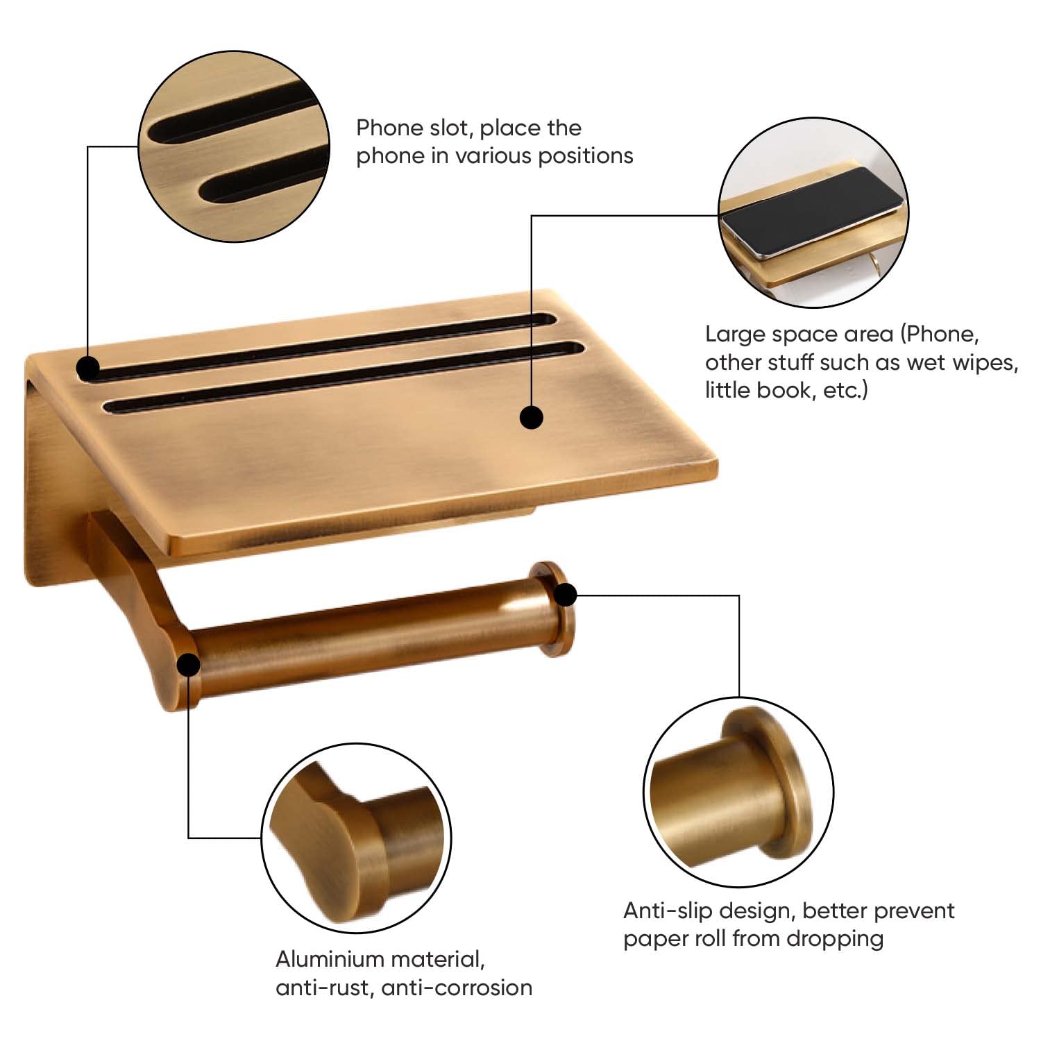 Smarthome Toilet Paper Holder with Shelf  Aluminum Tissue Roll Dispenser with Mobile Phone Storage Shelf for Bathroom  3M Self Adhesiv or Wall-Mounted with Screws  Antique Brass