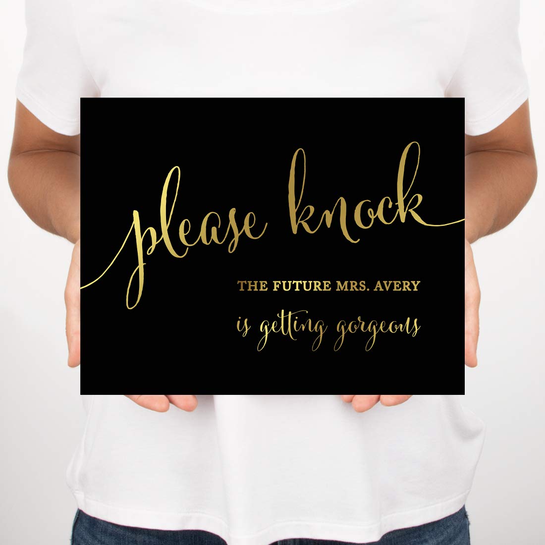 Andaz Press Personalized Wedding Party Signs, Black And Metallic Gold Ink, 8.5X11-Inch Wall Art, Poster, Gift, Please Knock The