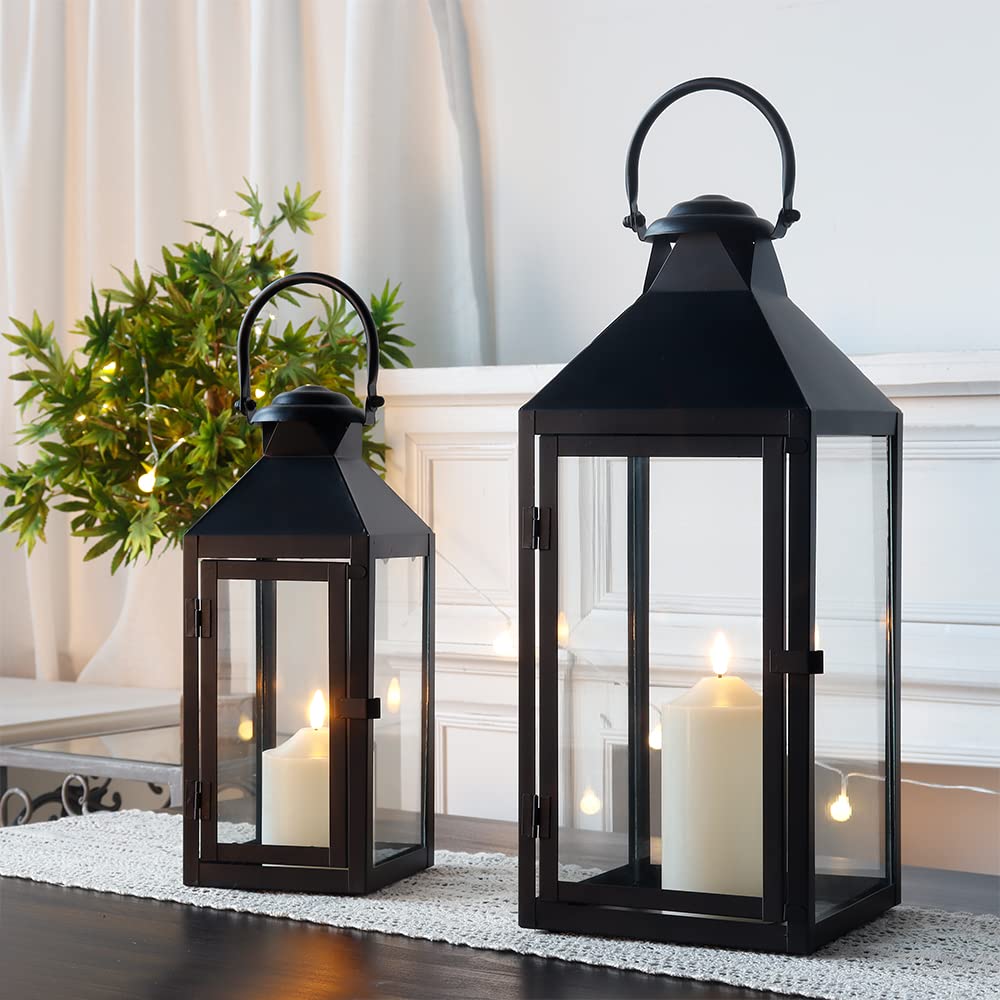 JHY DESIGN Set of 2 Black Decorative Lanterns 17.5inch&13.5inch Metal Candle Lanterns for Indoor Outdoor Events Paritie and Wedd
